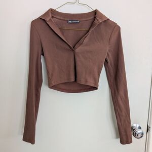 Zara Chocolate Brown Small V Neck Crop Top Preppy Spring Summer Fitted
